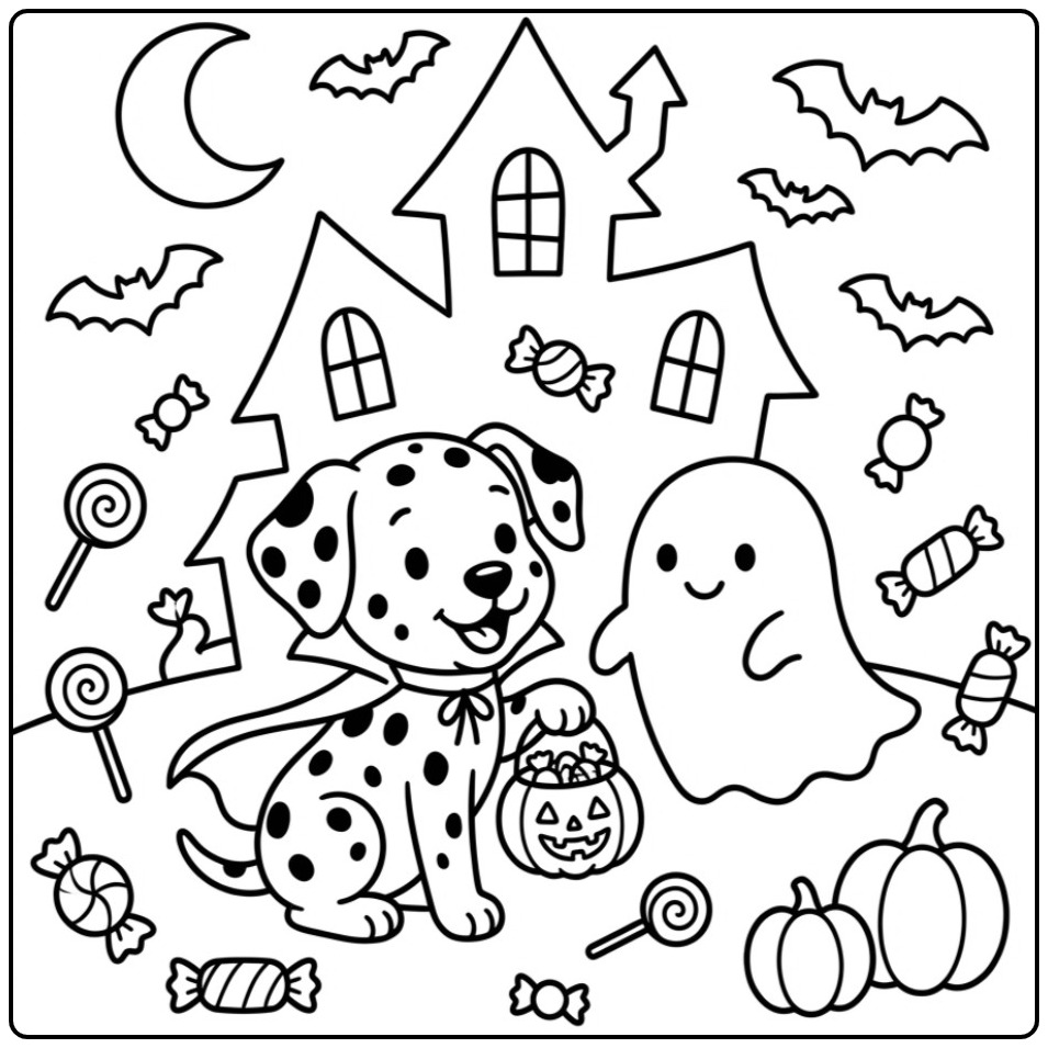 Trick or Treat Dalmatian and a Ghost Friend coloring page