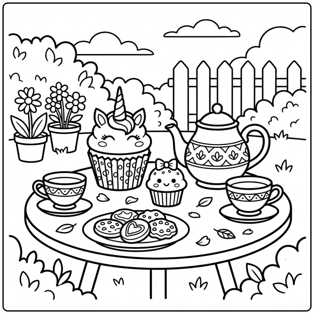 Garden Party with Tea and a Unicorn Cupcake coloring page