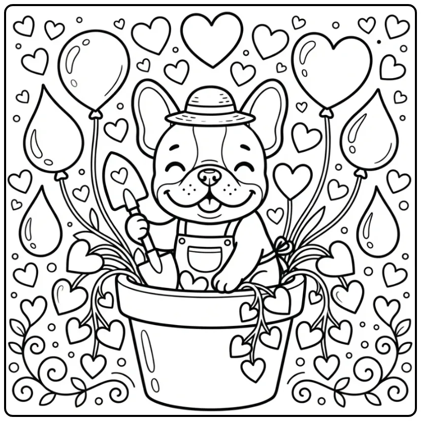 French Bulldog Sitting in a Flowerpot with Hearts coloring page