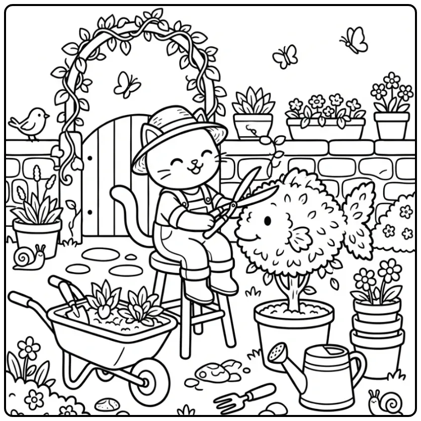 Difficult Cat coloring page trimming a fish-shaped shrub