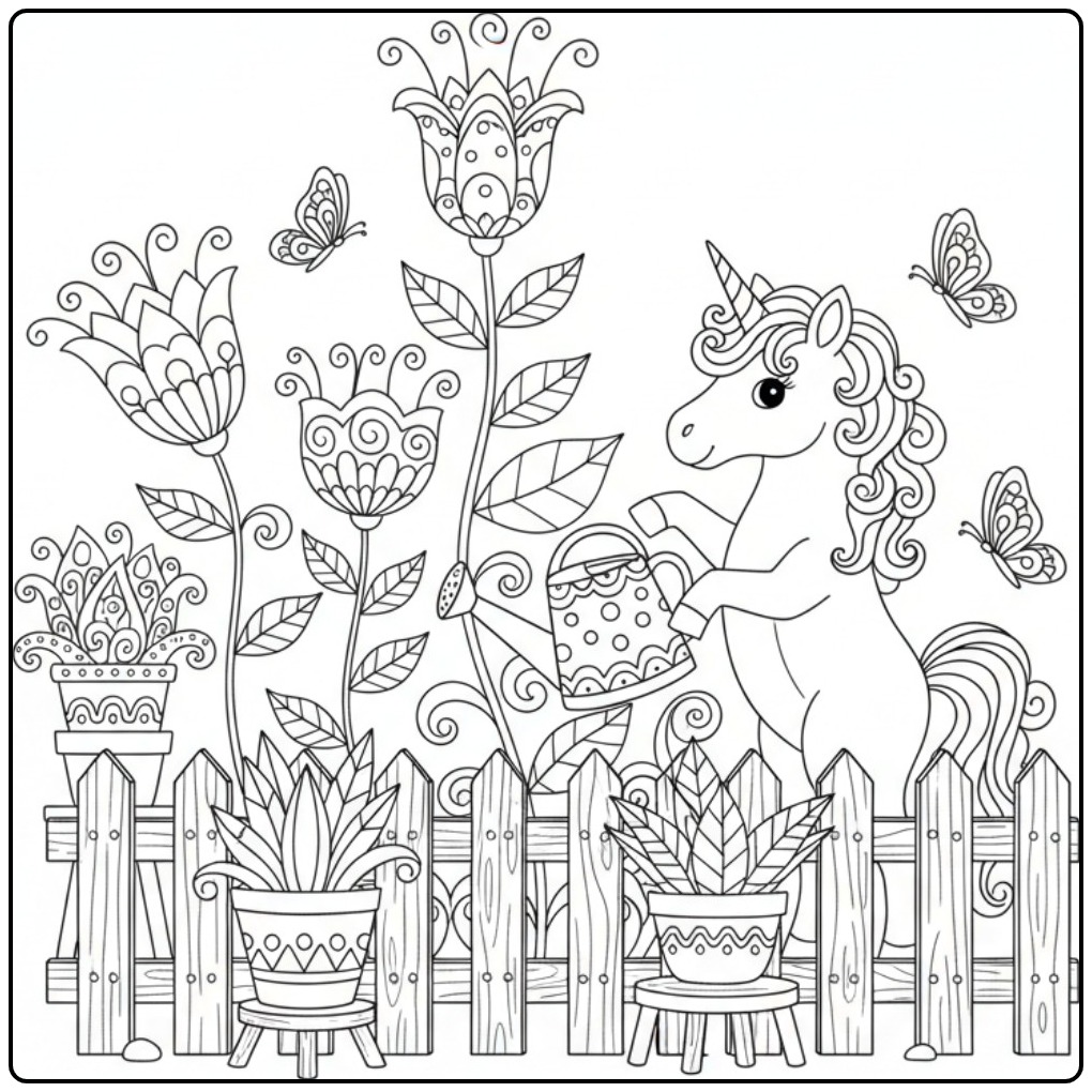 Gardening with a Unicorn Cute and Butterflies coloring page