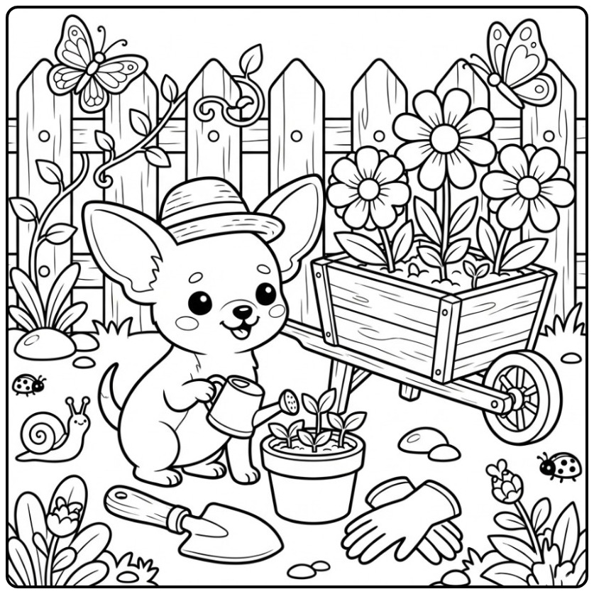 Gardening with a Fun Chihuahua coloring page