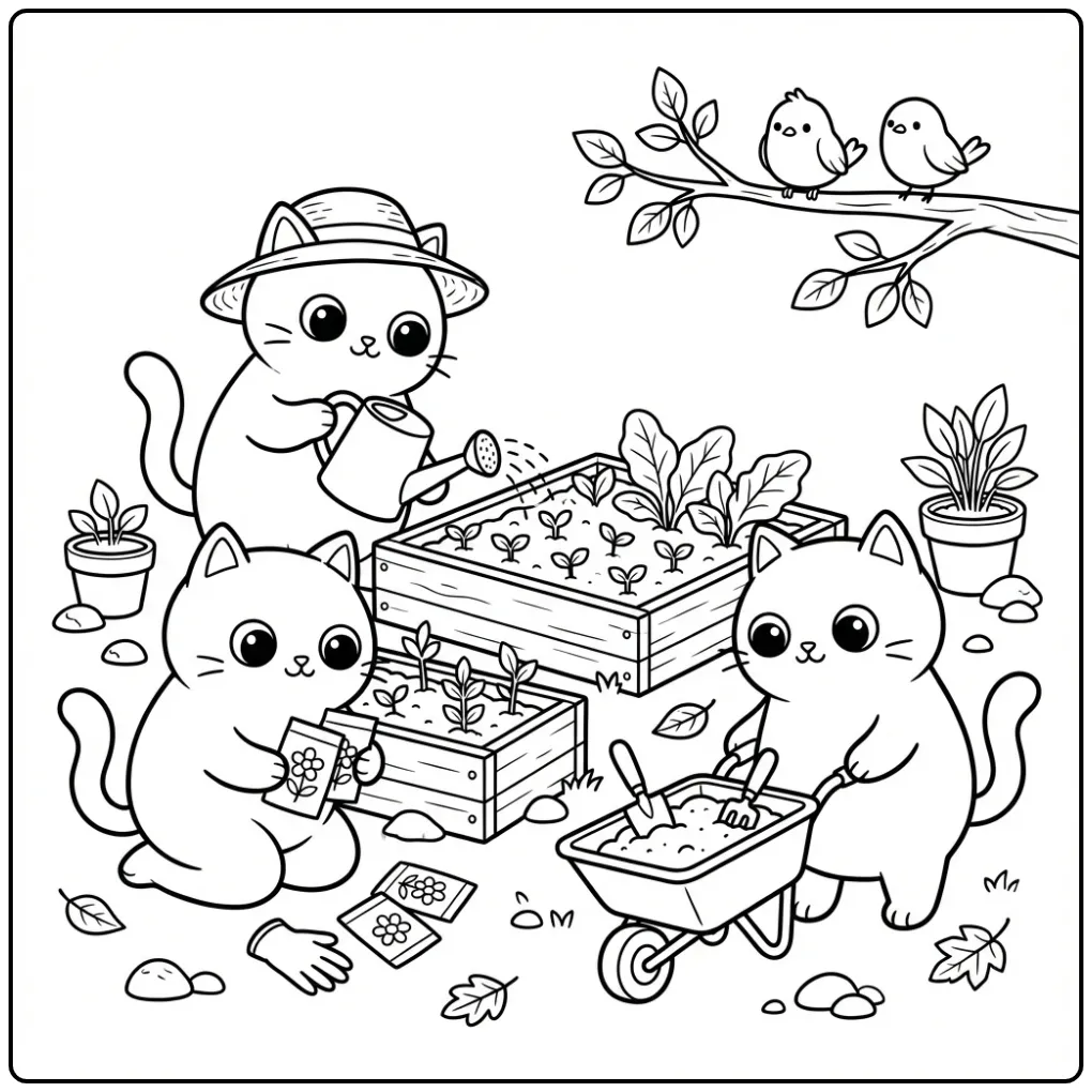 Gardening Cats with Watering Can and Plants coloring page