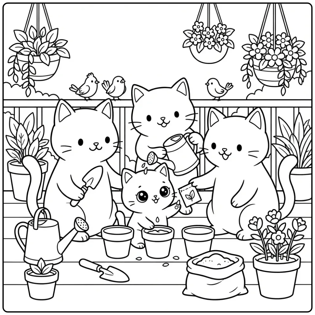 Gardening Cats on a Balcony coloring page