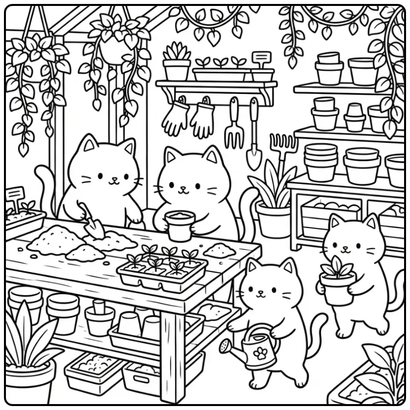 Adult cats coloring page gardening in a greenhouse