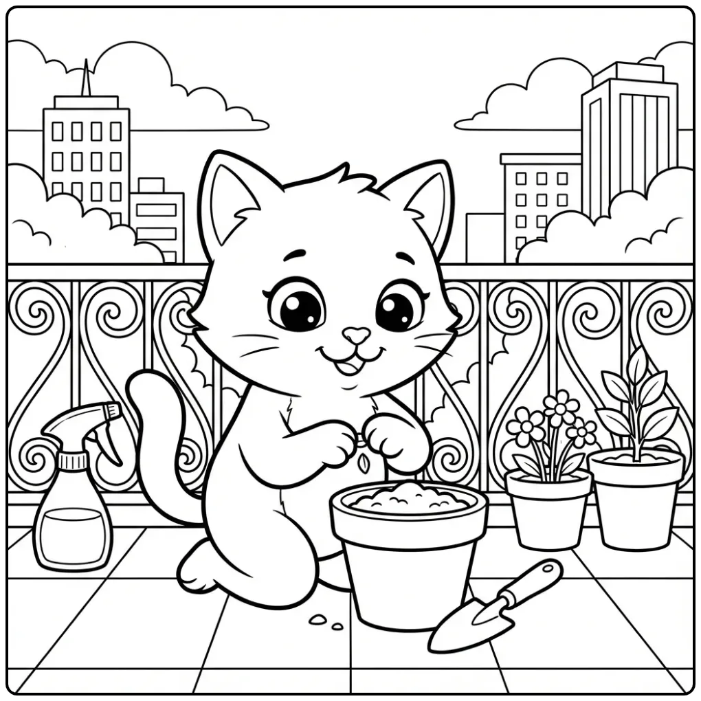 Easy Cat coloring page planting a seed