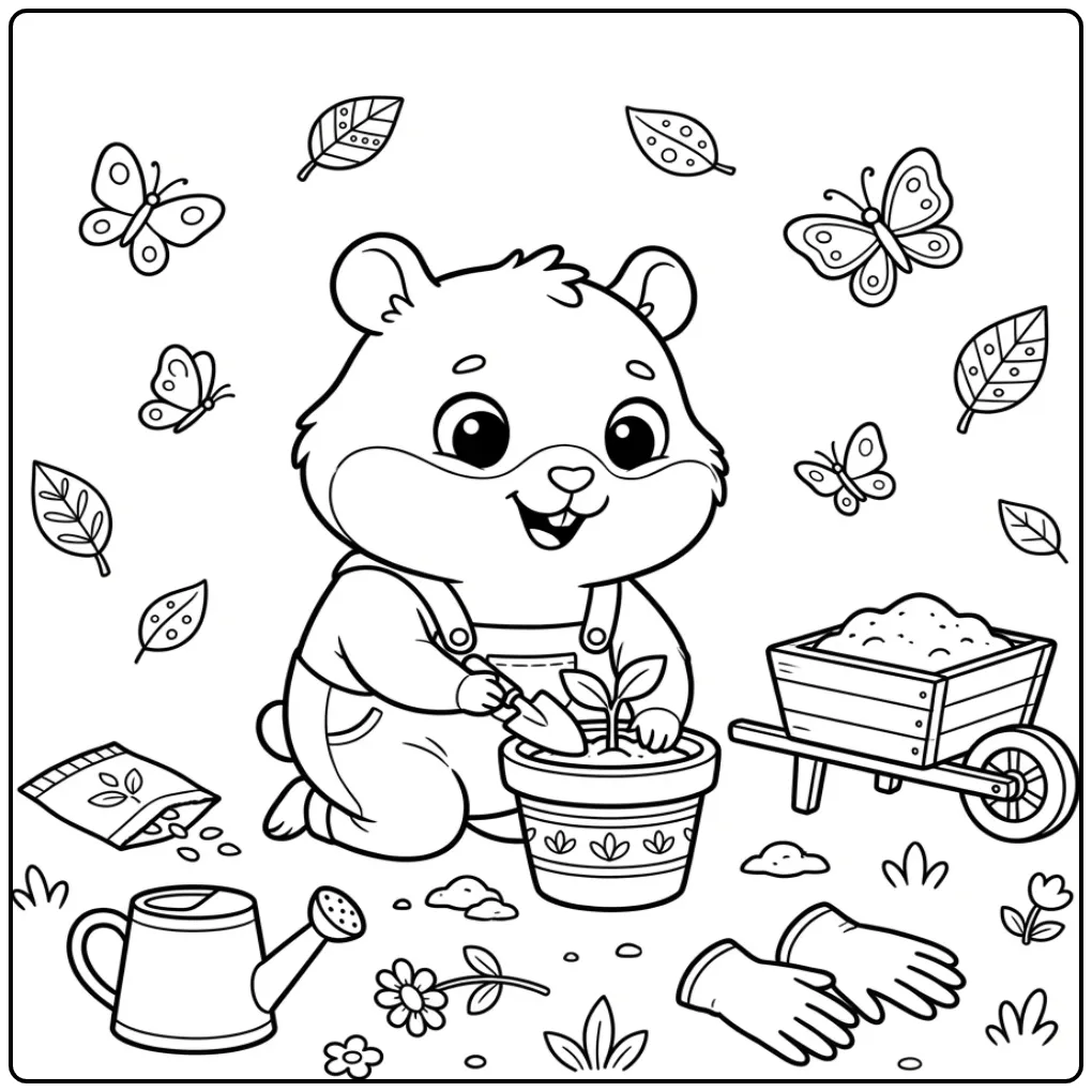 Cute Hamster coloring page with a shovel and flowerpot