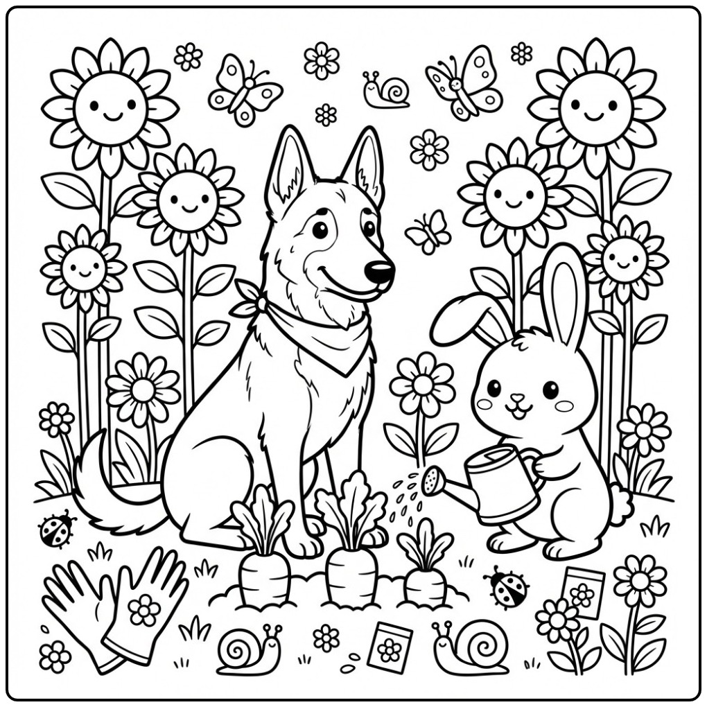 Belgian Malinois Guarding a Vegetable Garden coloring page