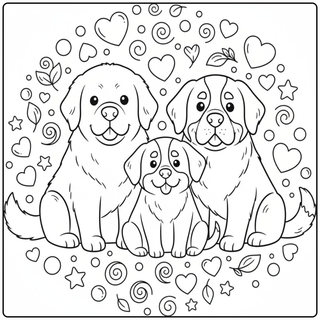 Newfoundland, Bernese Mountain Dog, and Saint Bernard Together coloring page