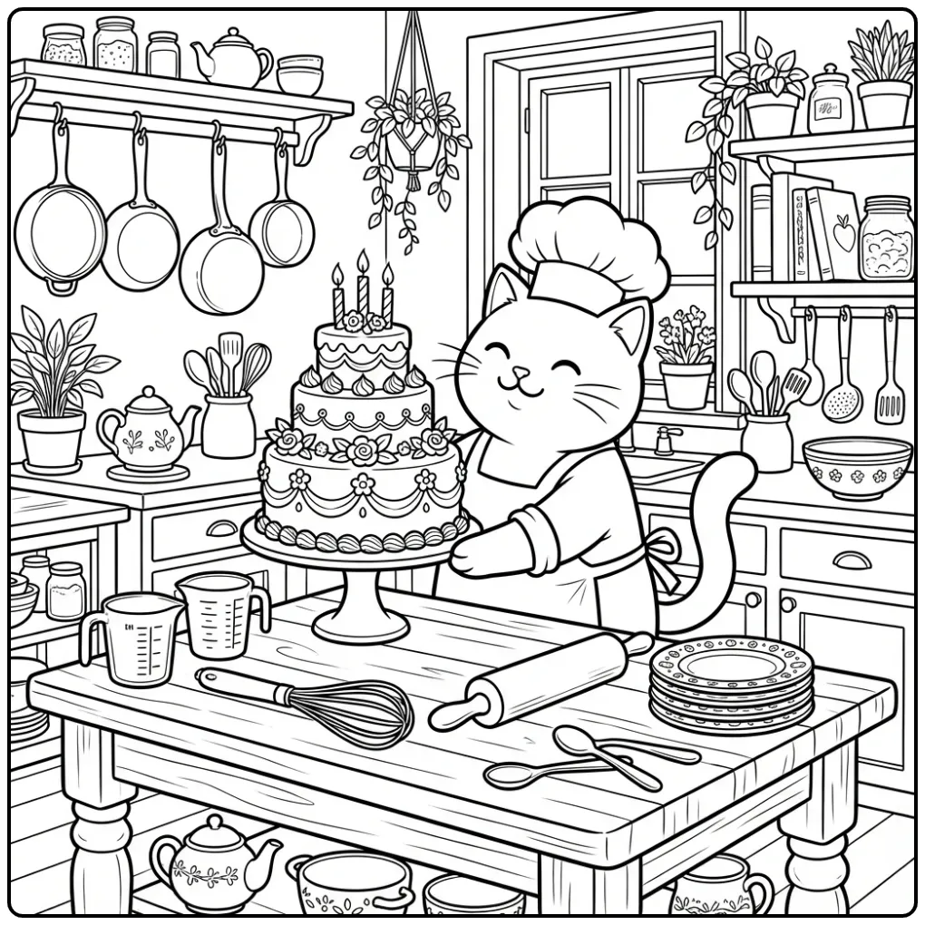 Difficult Cat coloring page chef with a large cake