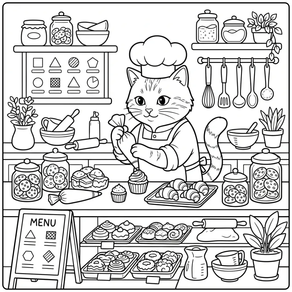 Difficult Cat coloring page baker with pastries