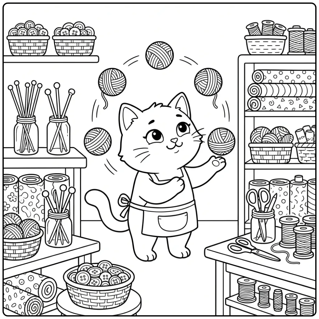Difficult Cat coloring page in a sewing room