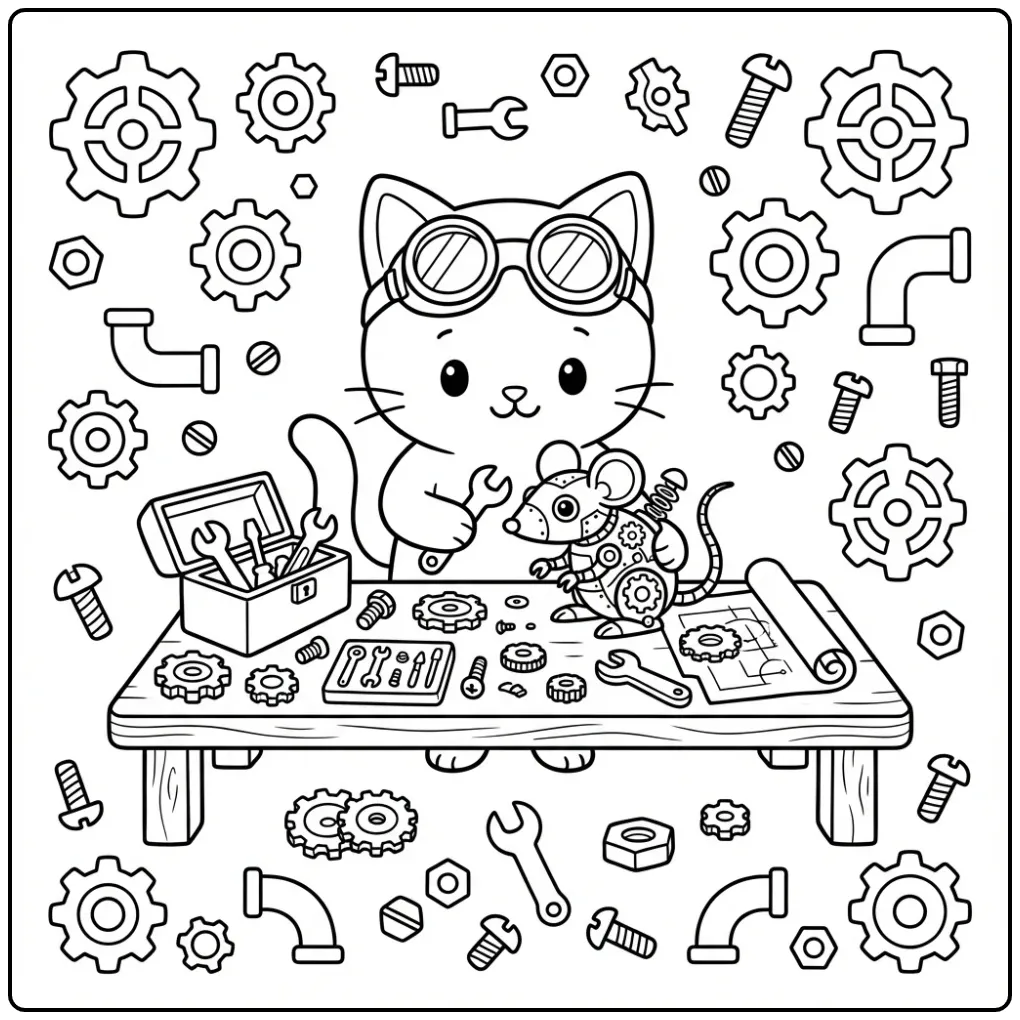 Difficult Kitten coloring page with goggles and robot mouse