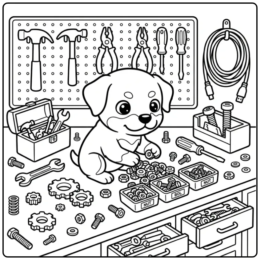 Challenging Detailed Puppy with Tools and Nuts coloring page