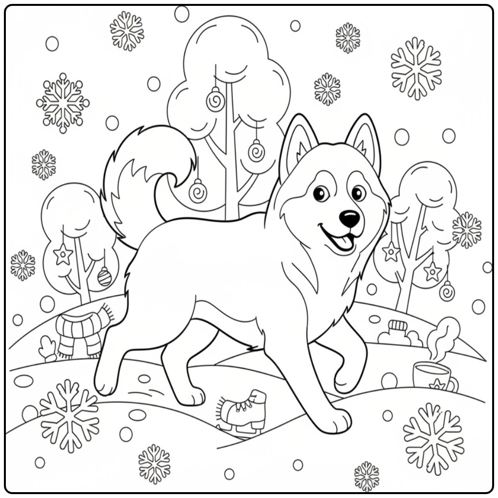 Siberian Husky Running Through a Snowy Field coloring page
