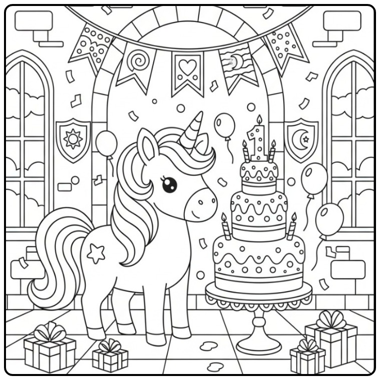 Party Unicorn Birthday Cake in a Castle coloring page