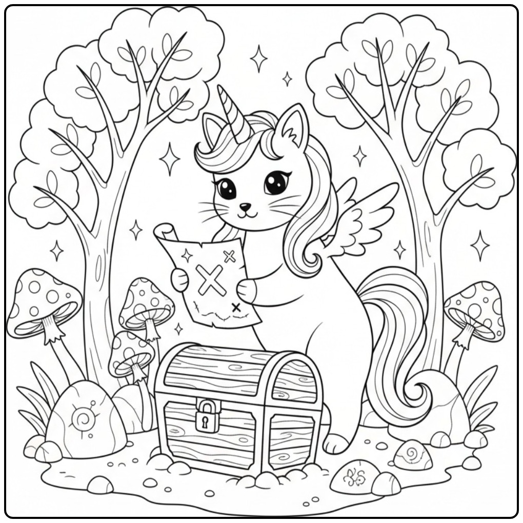 Unicorn Cat on Search Toward a Hidden Treasure coloring page