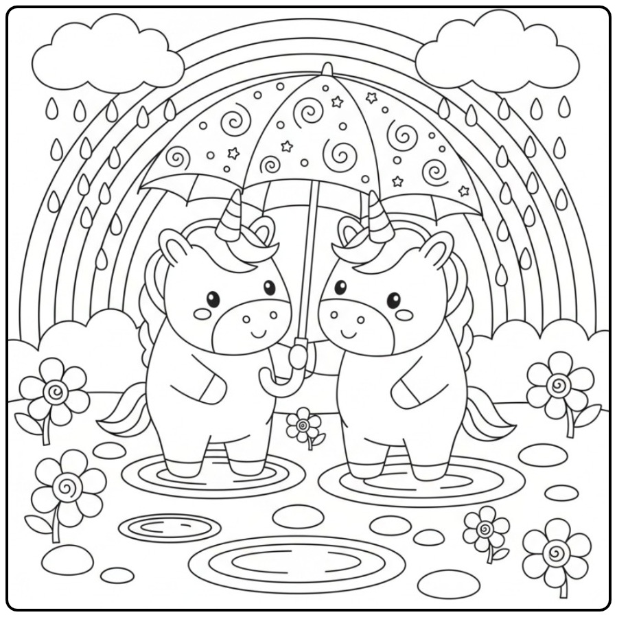Unicorns with Umbrella Easy Unicorn and Rainbow coloring page