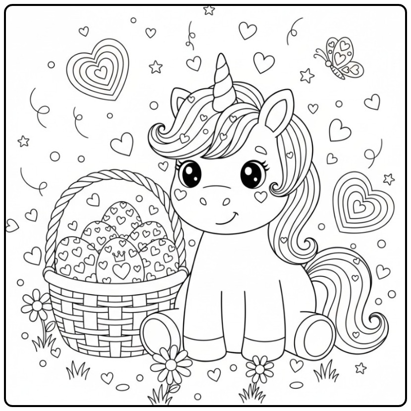Unique Unicorn with Hearts Easter for a Cheerful Party coloring page
