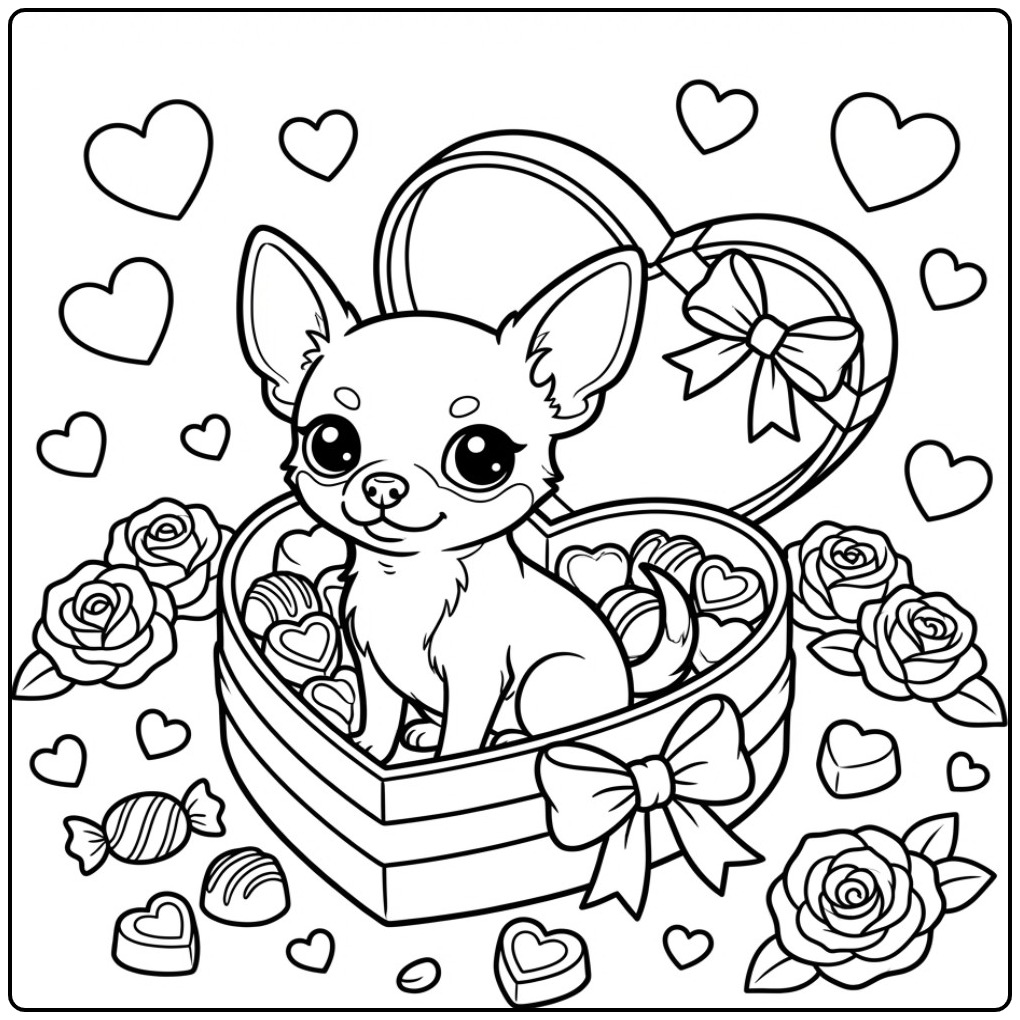 Valentine Chihuahua with Roses and Hearts coloring page
