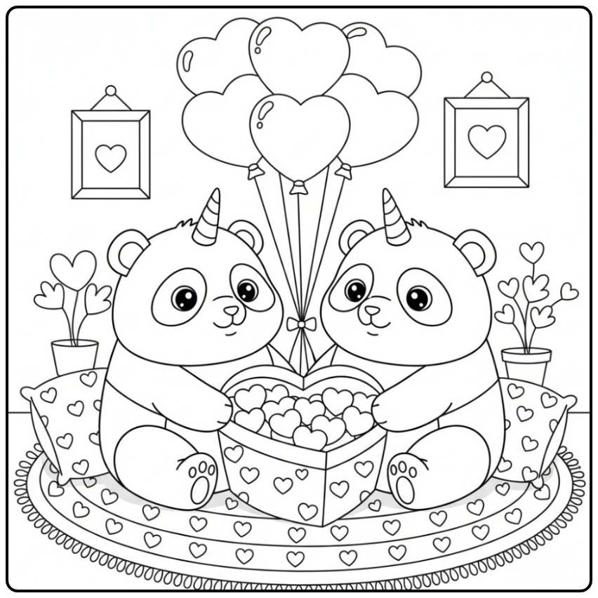 Valentine Unicornpanda Hearts and Balloons coloring page