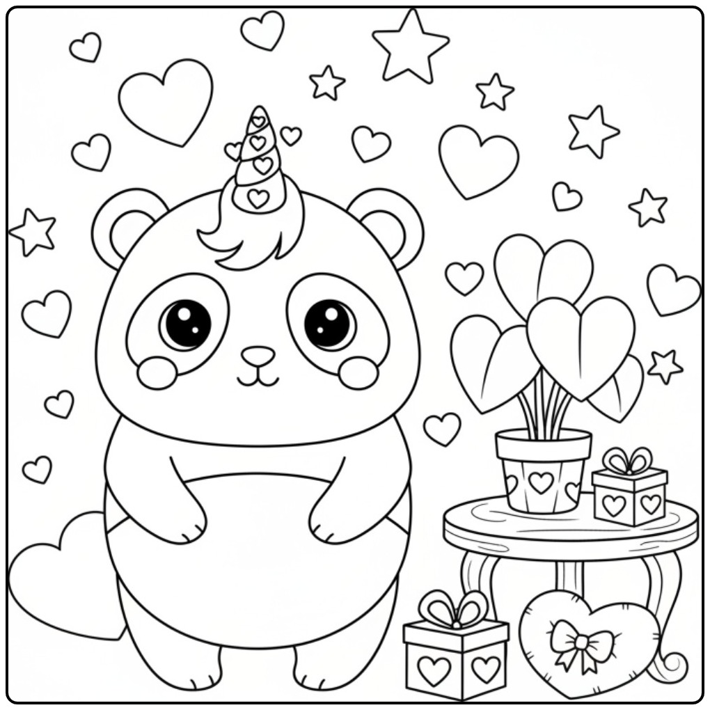 Valentine Unicornpanda Hearts coloring page
