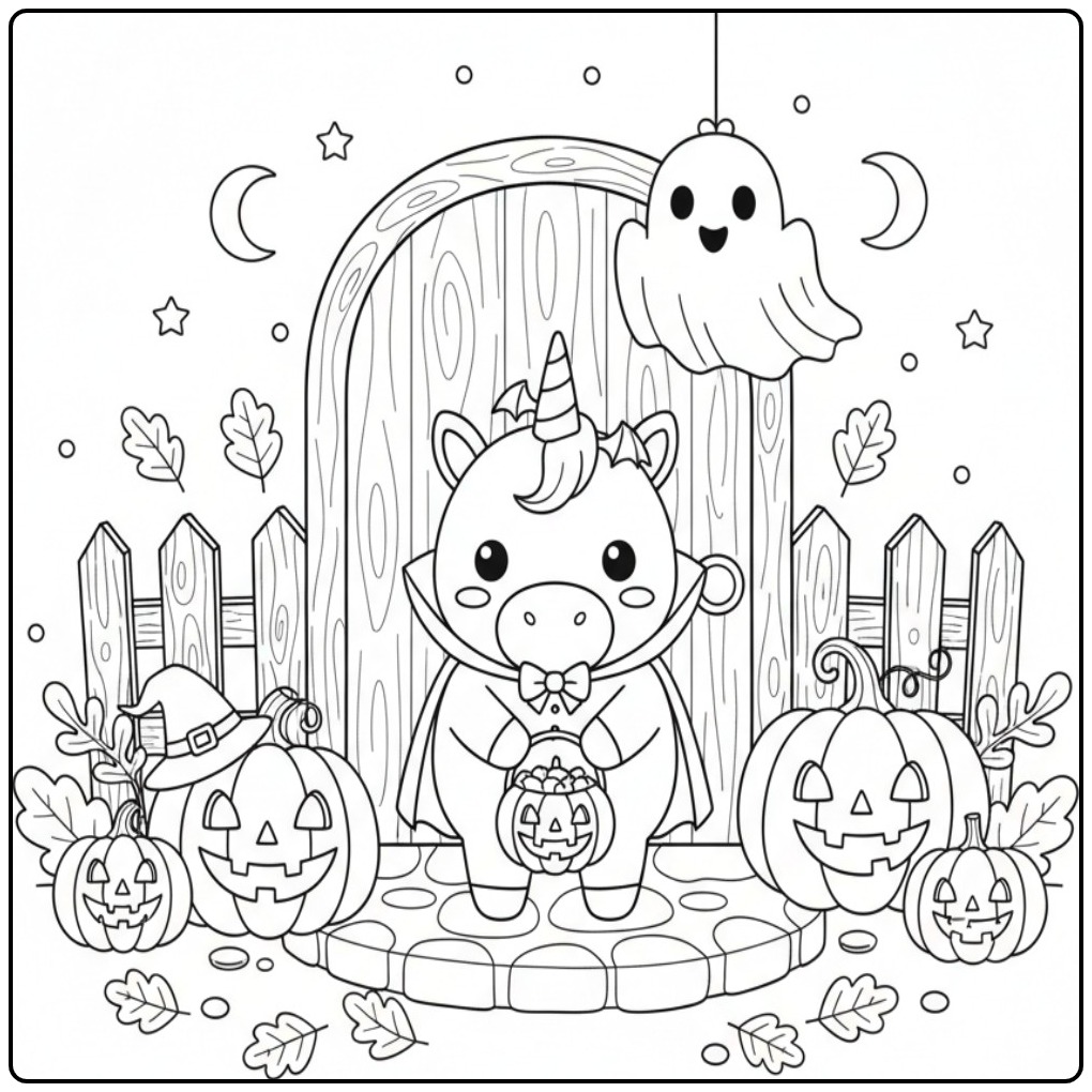 Vampire Baby Unicorn Halloween Trick or Treat coloring page