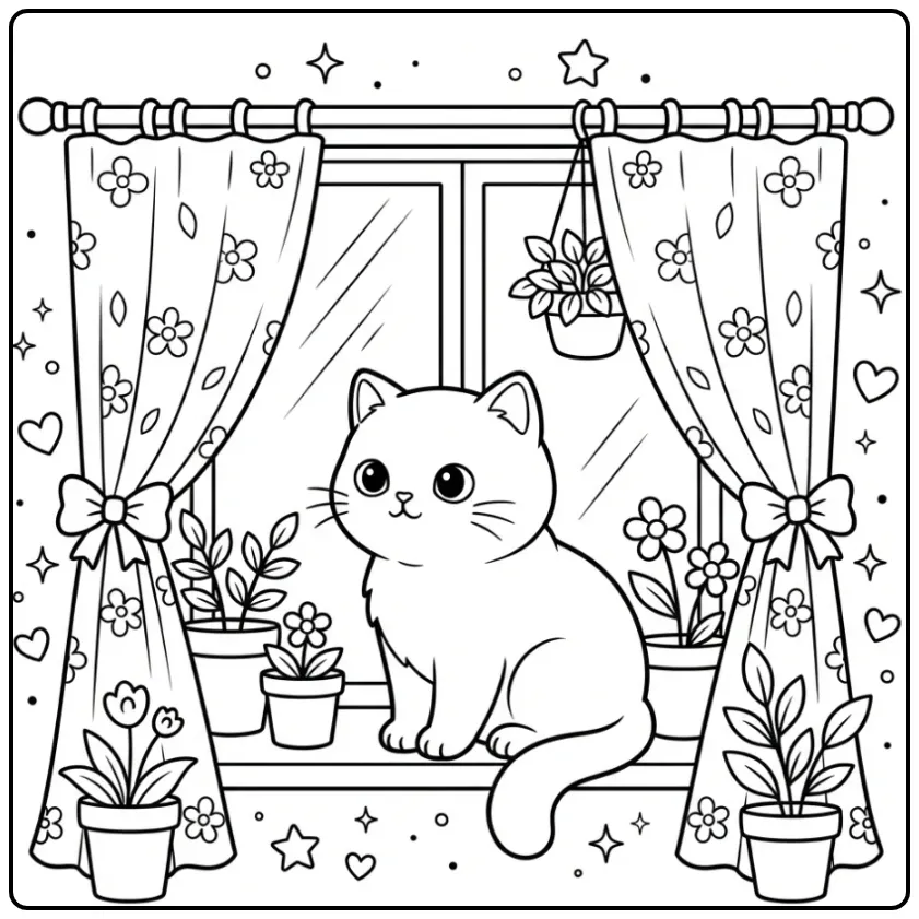 Cute Kitten on a Windowsill coloring page
