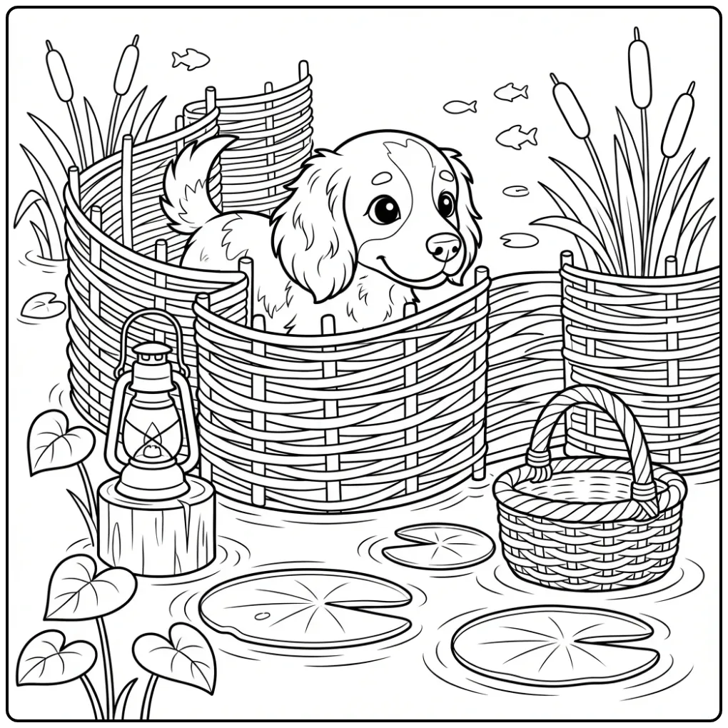 Kooikerhondje Hiding by a Duck Decoy coloring page
