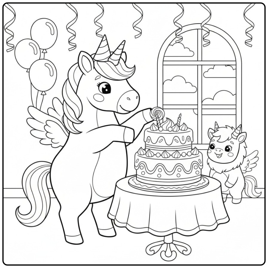 Birthday Unicorn Cute with Balloons and Cake coloring page