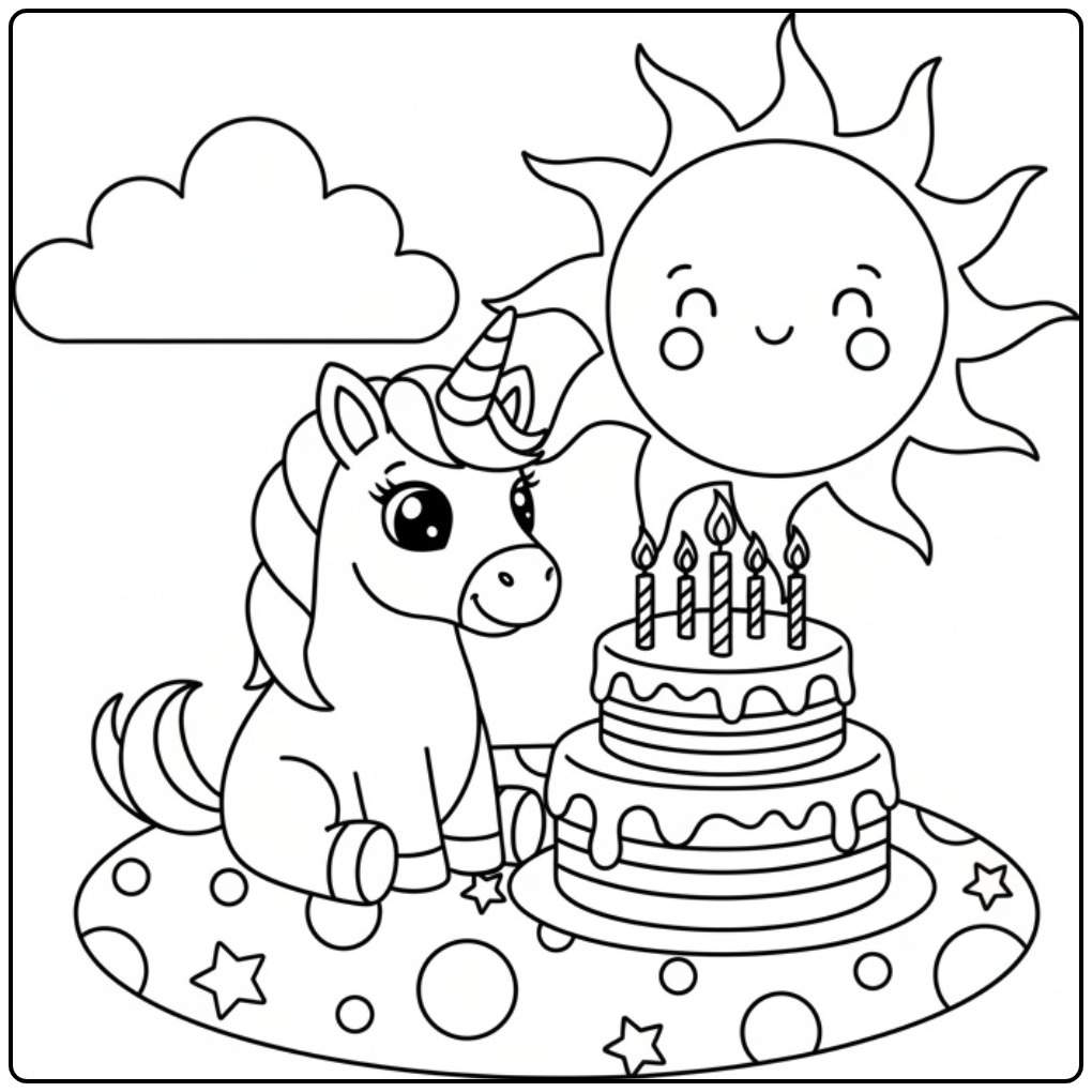 Birthday Unicorn Celebrating Party with Cake and Sun coloring page