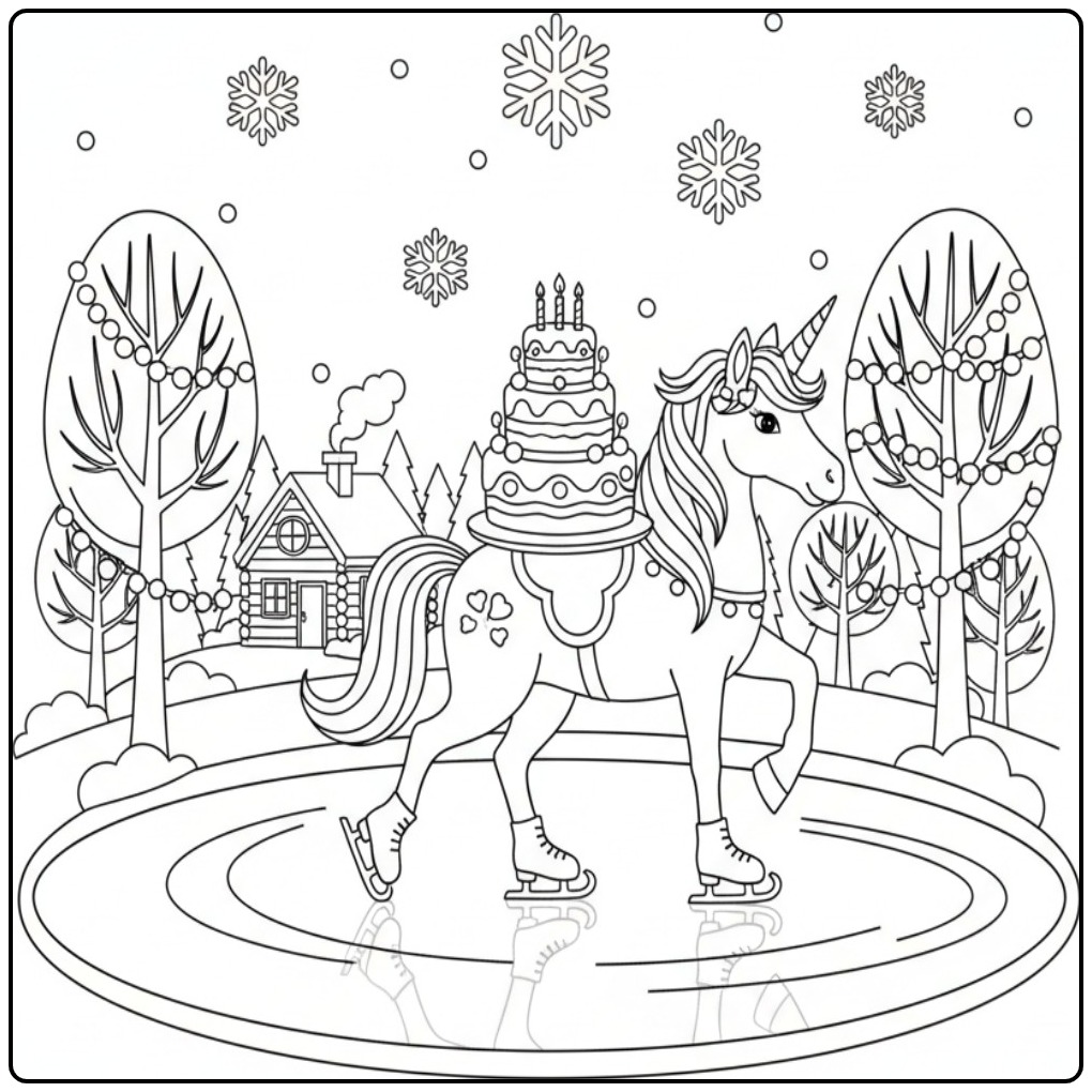 Birthday Cake Magical Ice Skating Unicorn coloring page