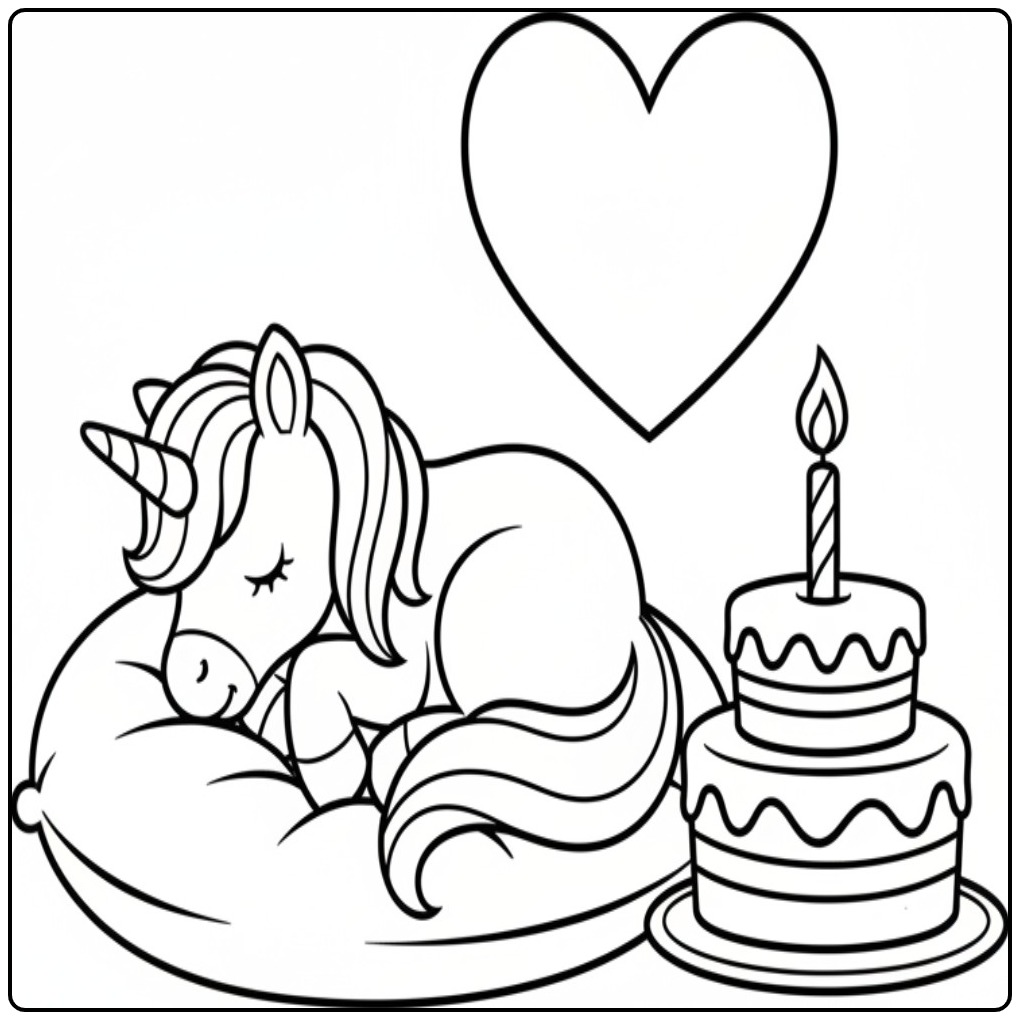 Birthday Unicorn Sleeping Wonder and Cake coloring page