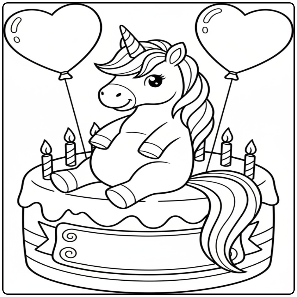 Birthday Unicorn Sitting on a Festive Cake coloring page