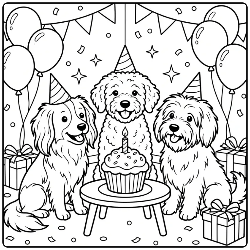Three Puppies Celebrating a Birthday coloring page