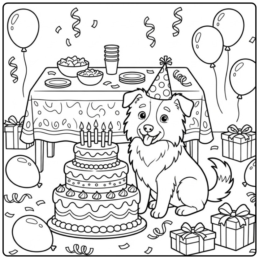 Border Collie Celebrating a Birthday coloring page