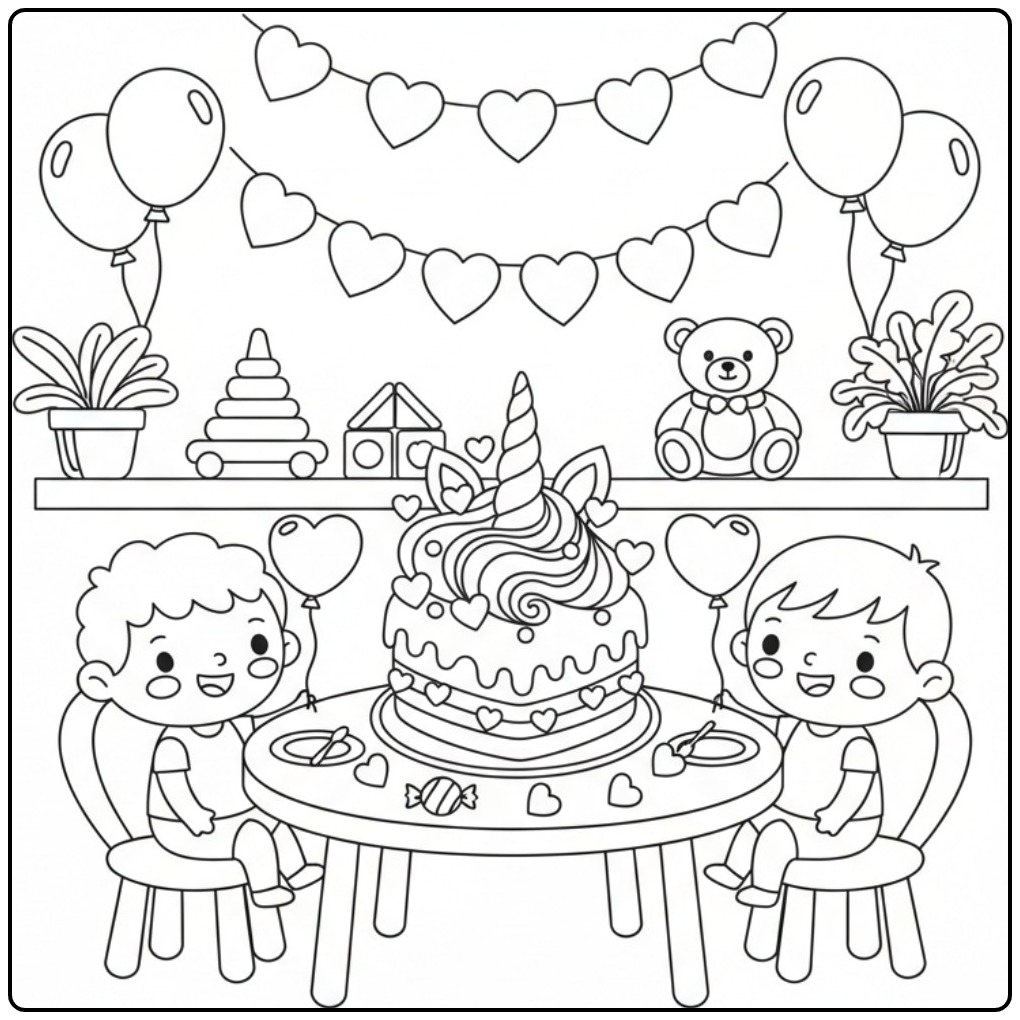 Birthday Party Unicorn Cake with Hearts coloring page