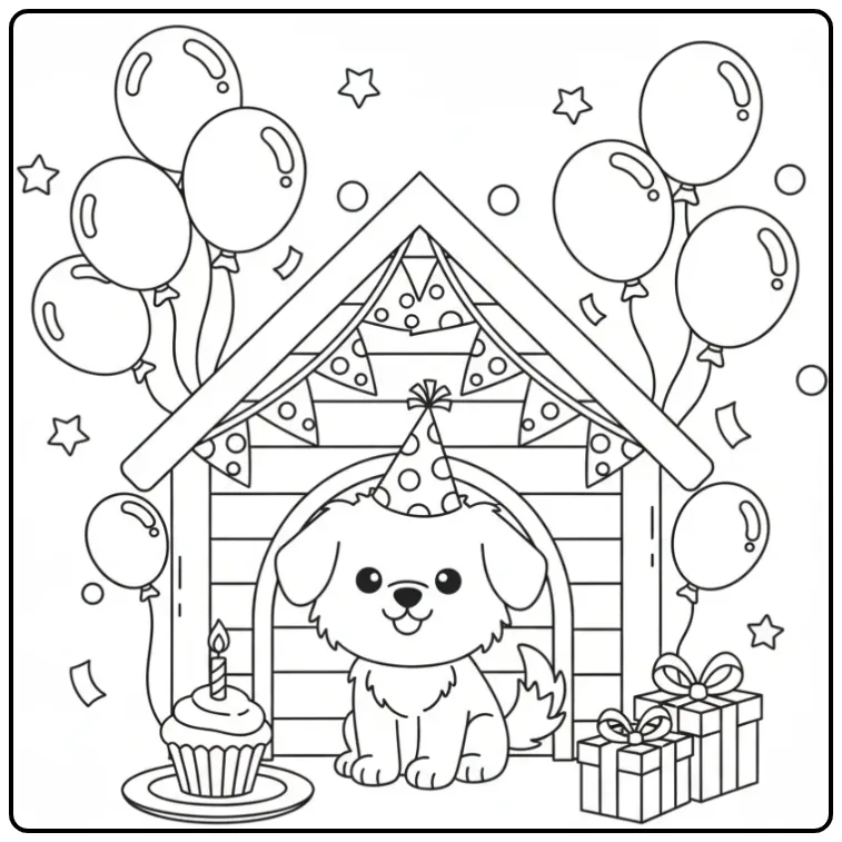 Birthday Puppy Beside a Decorated Doghouse coloring page