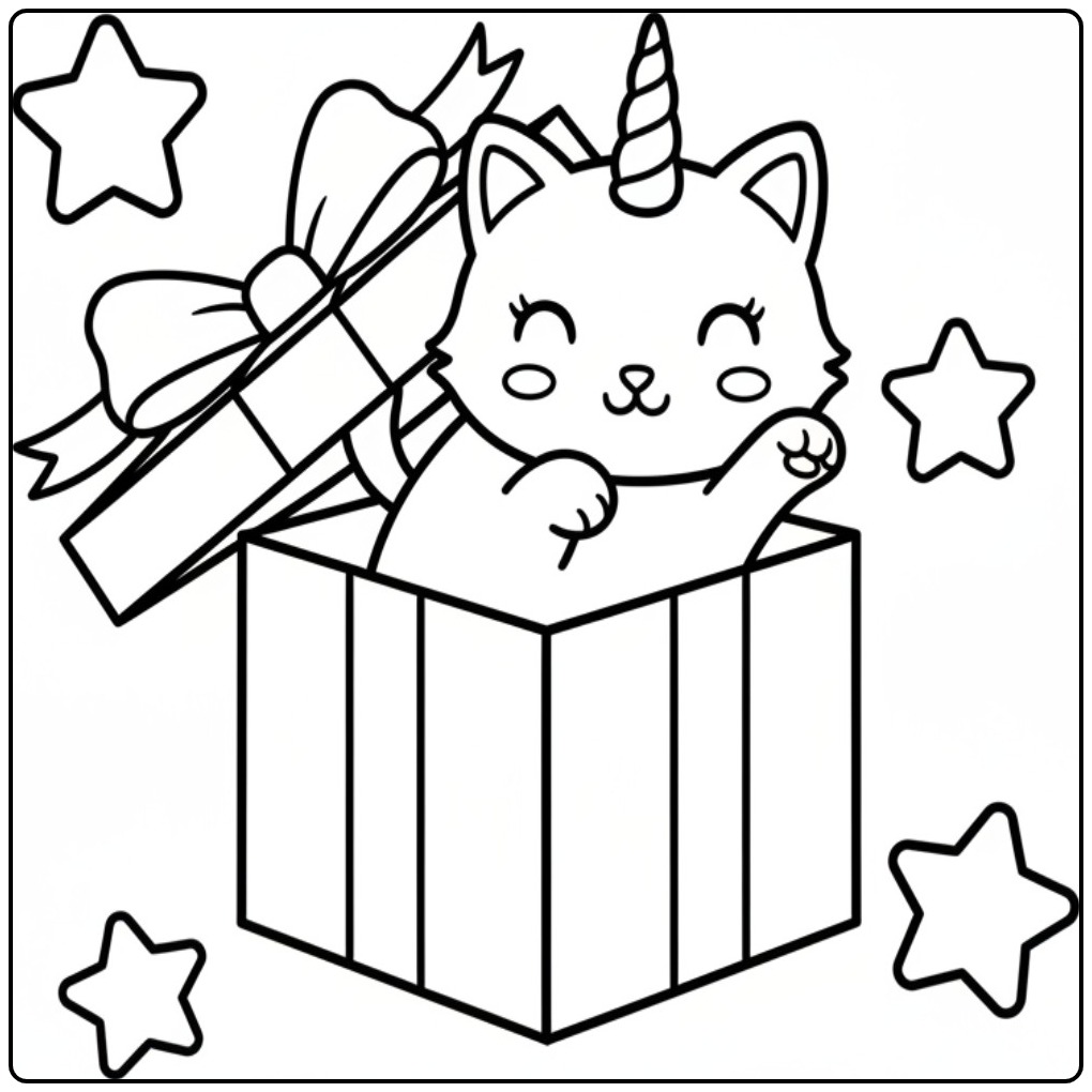 Surprise Unicorn Cat Jumping from a Gift coloring page