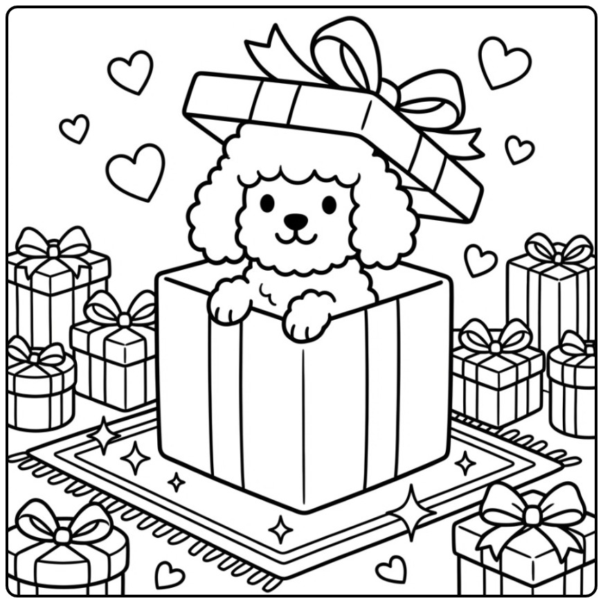 Surprise Poodle in a Box Full of Gifts coloring page