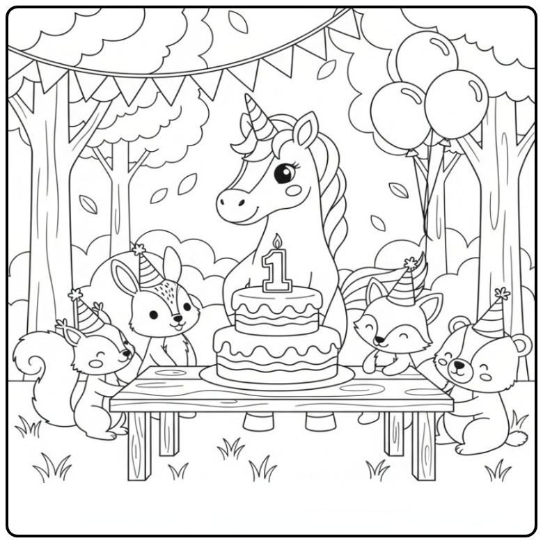 Four the First Birthday Cake Unicorn with Friends coloring page