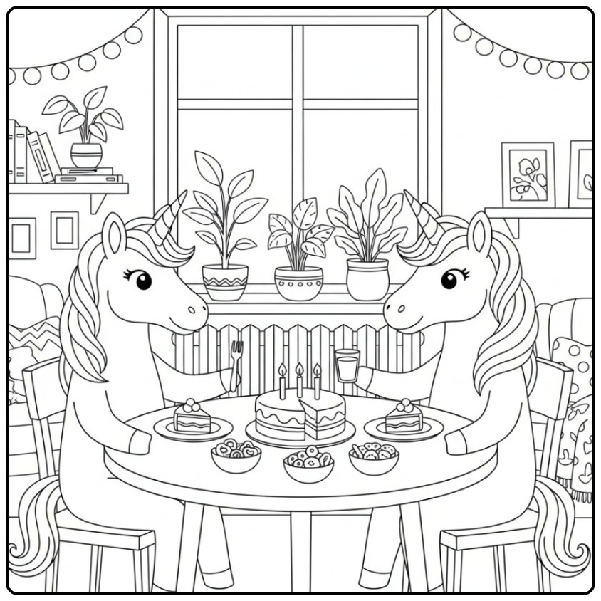 Four the Fun Birthday Cake Unicorn coloring page