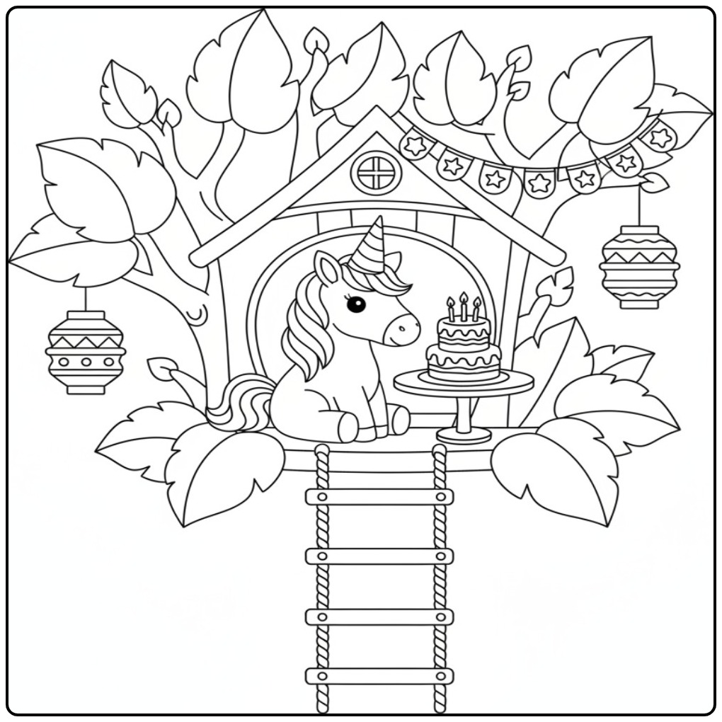Four Birthday Cake Unicorn Party in the Treehouse coloring page