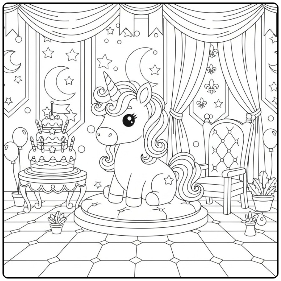 Celebrate Unicorn Birthday Cake in a Castle coloring page