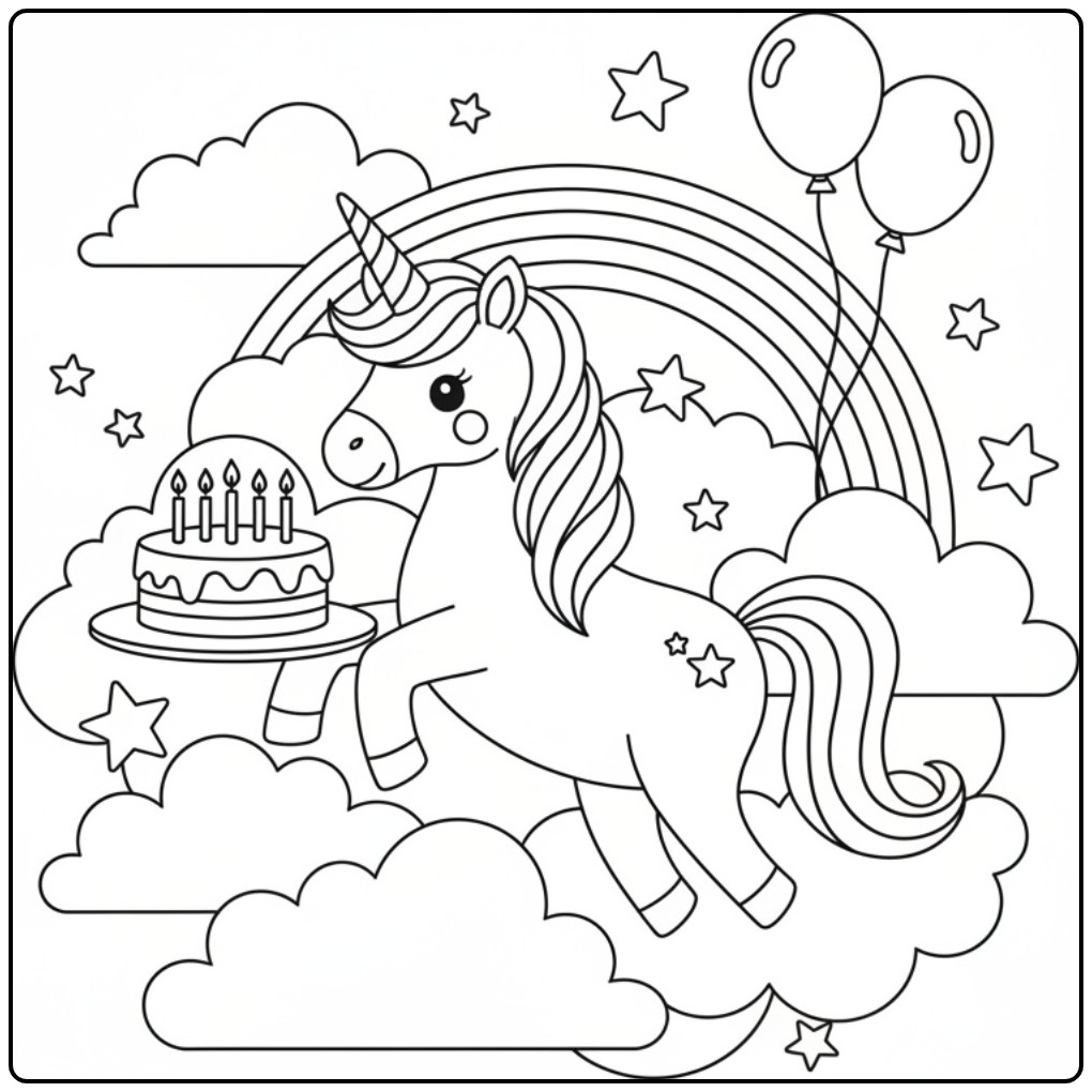 Celebrate with This Birthday Cake Unicorn on Clouds coloring page