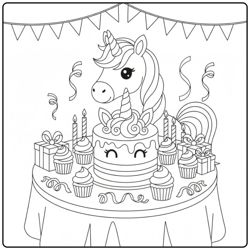 Celebrate with This Cheerful Unicorn Cake and Cupcakes coloring page