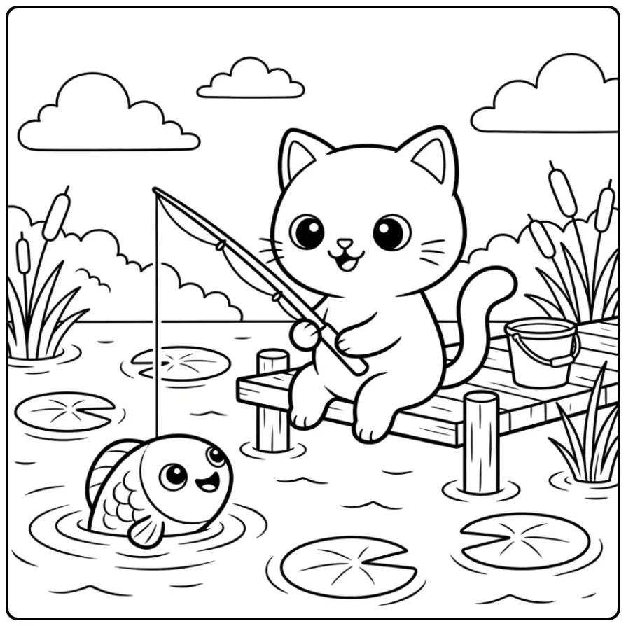 Kawaii Cat coloring page fishing on a dock