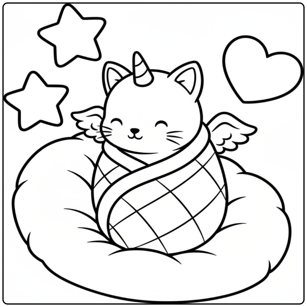 Flying Baby Unicorn Cat on a Small Cloud coloring page