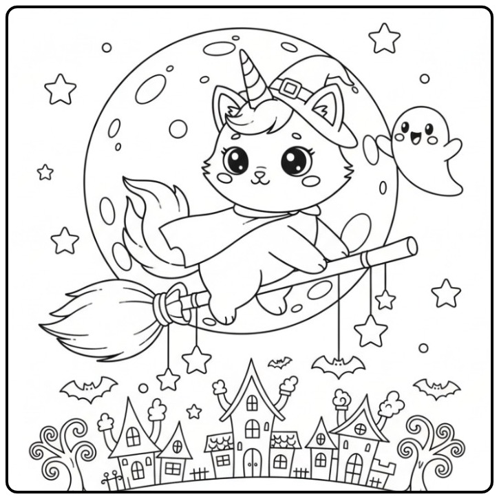 Flying Unicorn Cat Halloween Above a Village coloring page