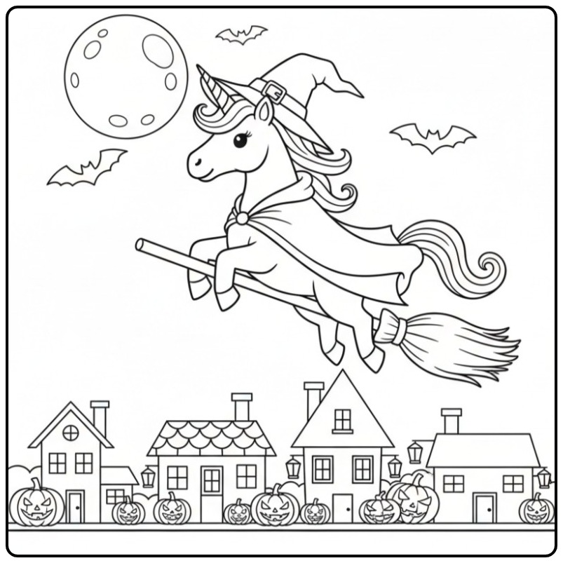 Flying on Broom Unicorn Halloween coloring page